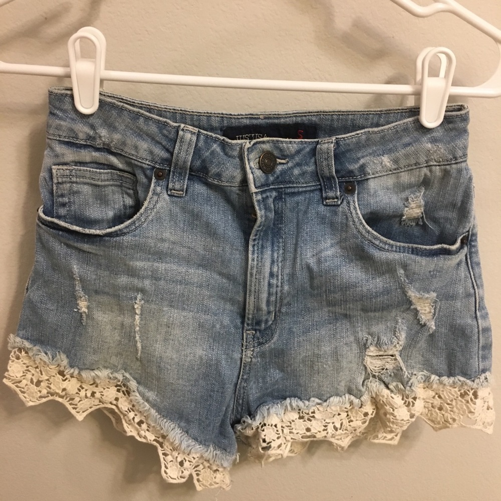 lace trimmed, high waisted, distressed shorts